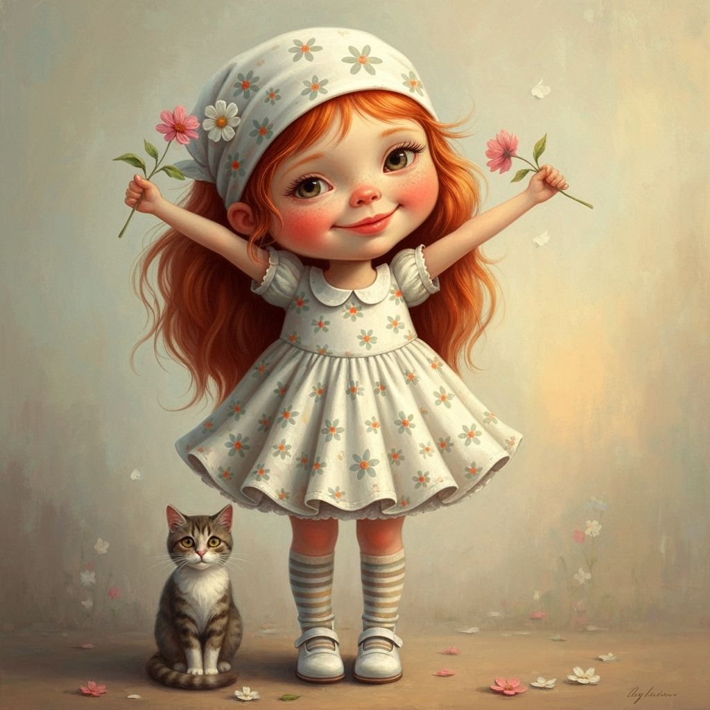 Joyful Girl Smelling Flower in Golden Hour Oil Painting