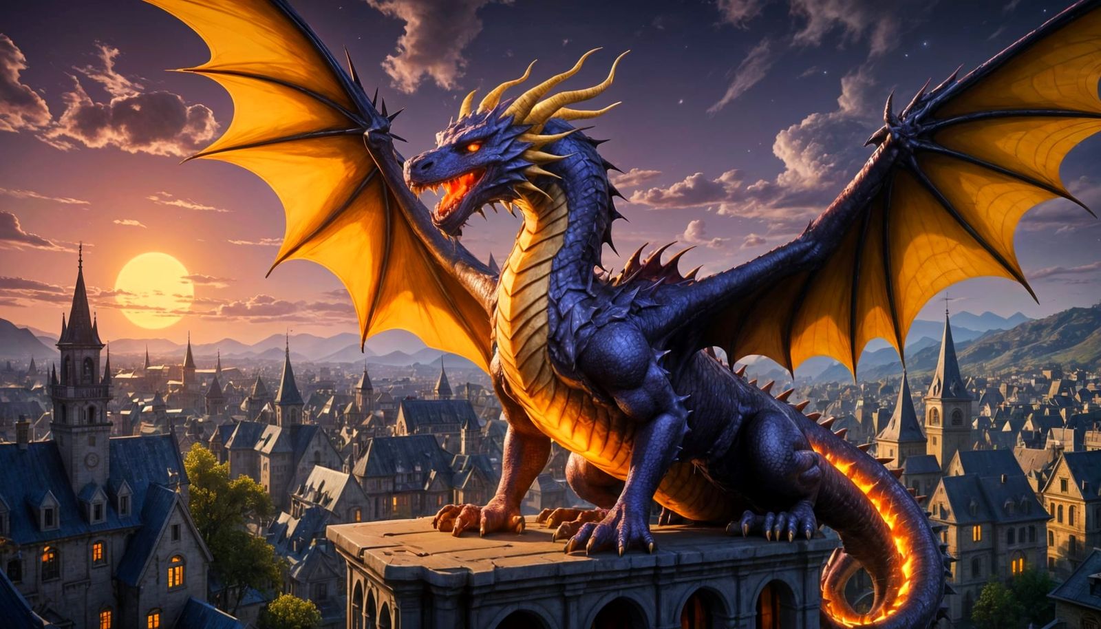 Epic Dark Fantasy Dragon Soars Over Burning City
