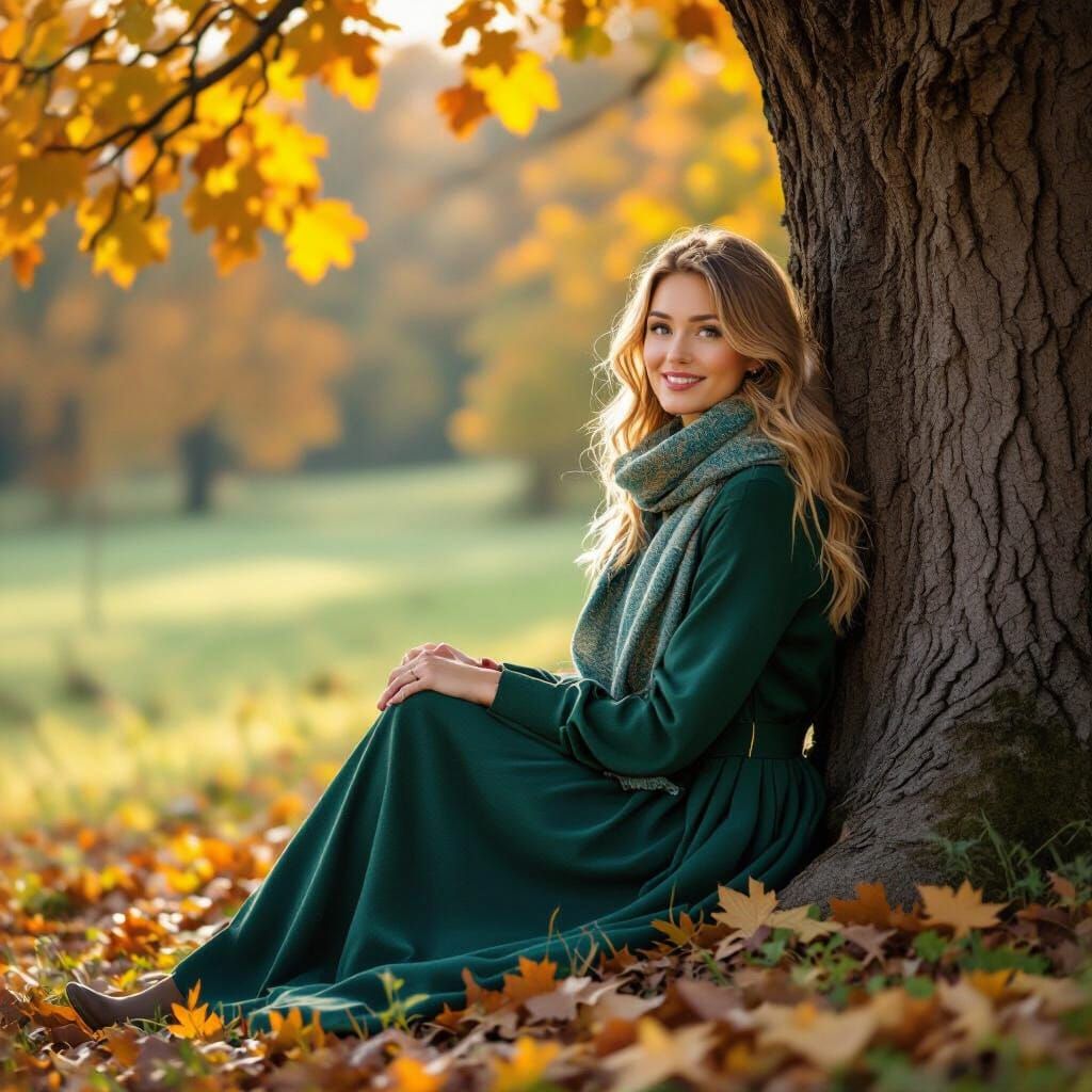 Woman in Autumn Dress with Blonde Ponytail