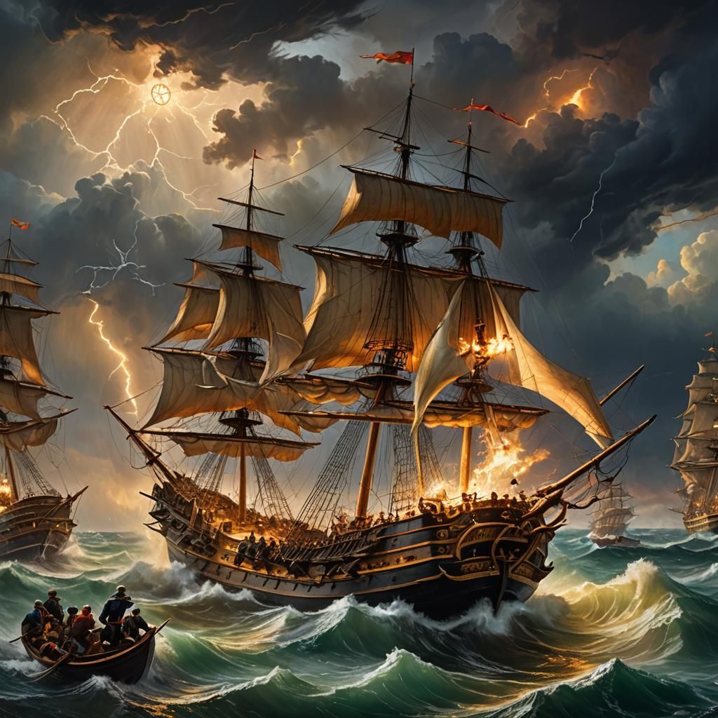 Epic Naval Battle on Stormy Seas as Baroque Painting