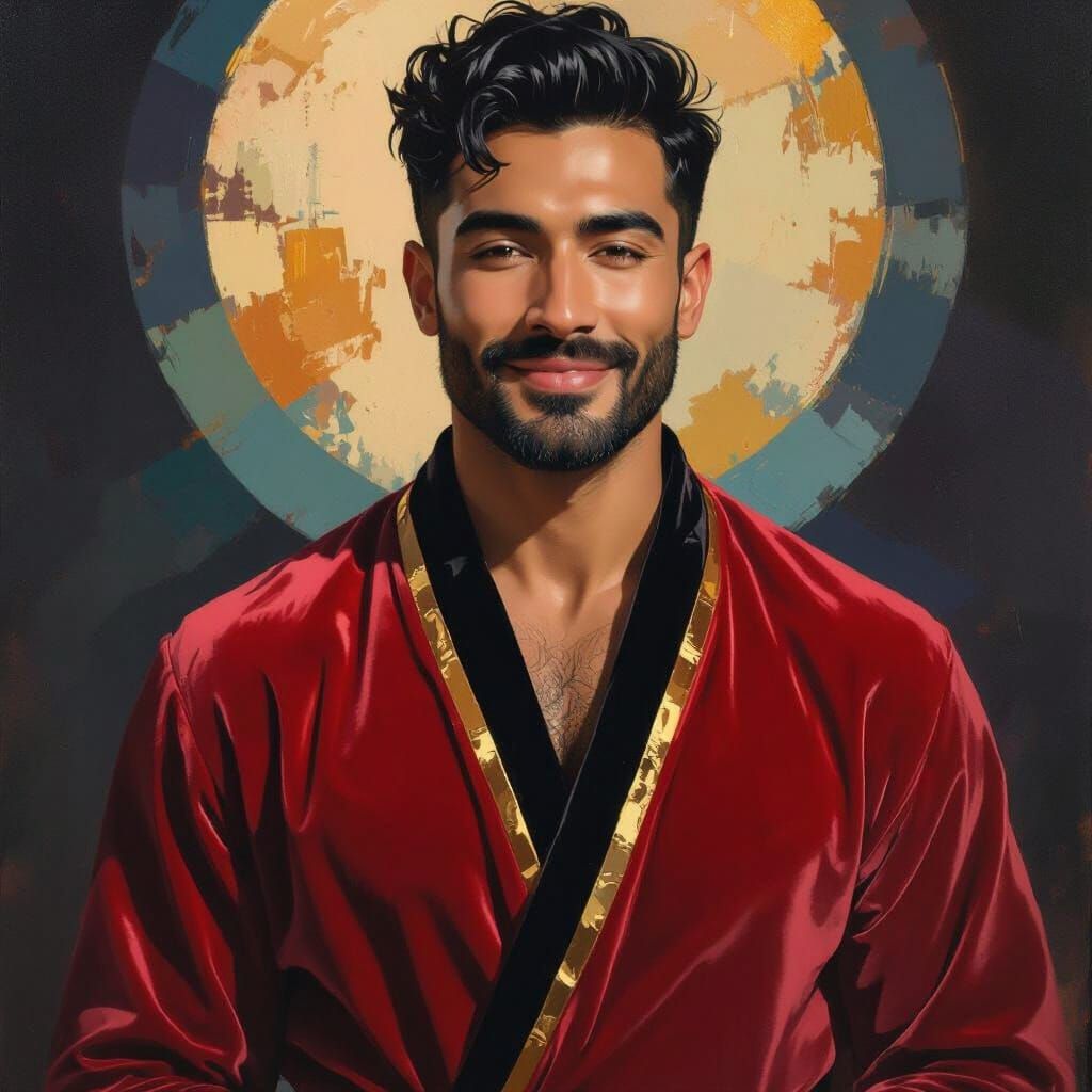 Joyful Arab-Peruvian Man in Carmine Velvet Bathrobe
