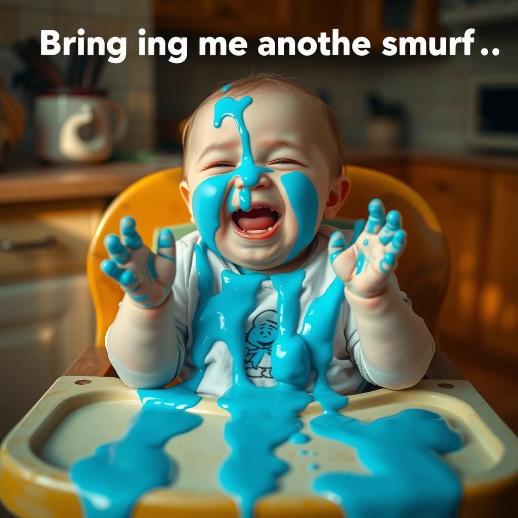 Baby Covered in Blue Goo Laughing in Highchair