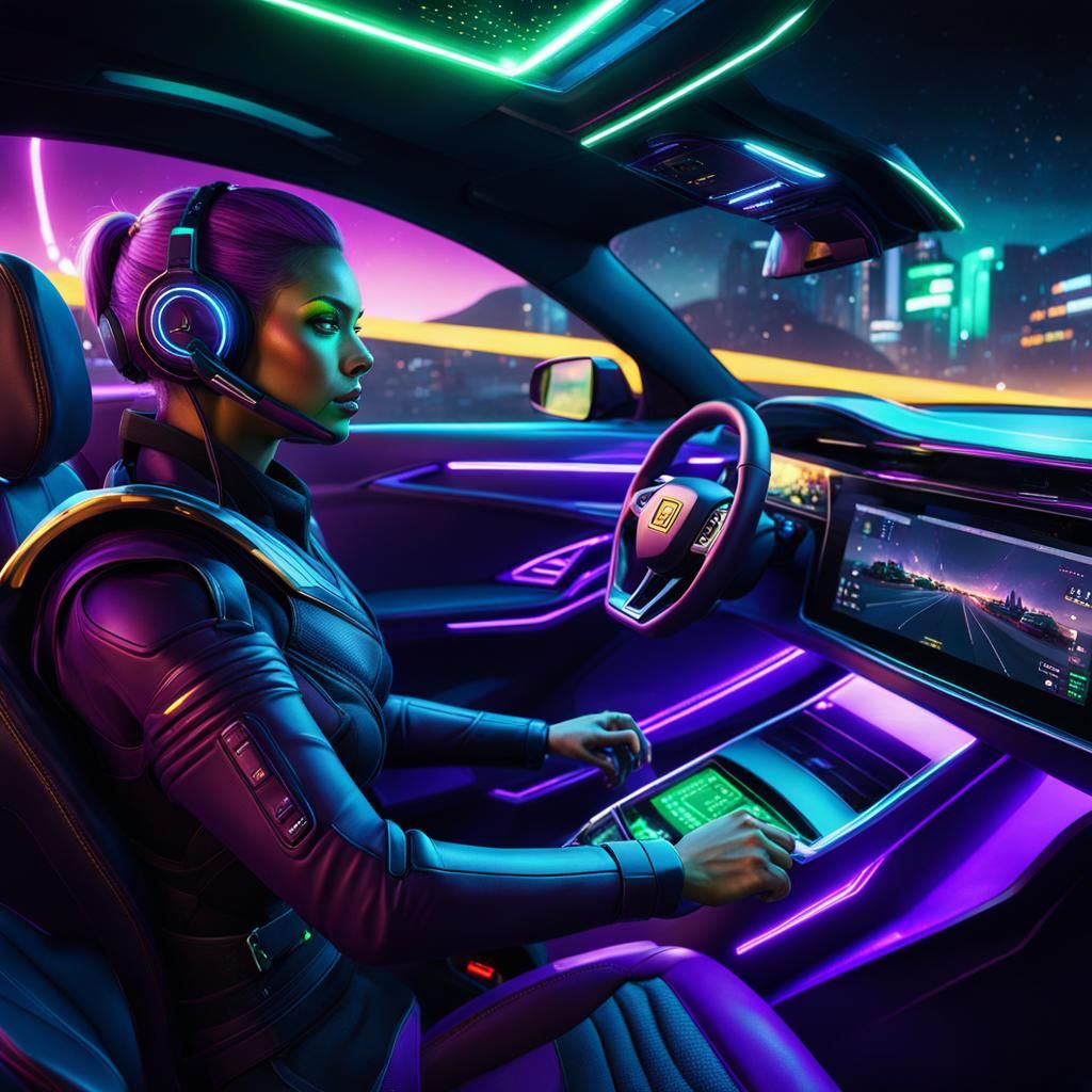Android Drives Car in Neon Cyberpunk Concept Art
