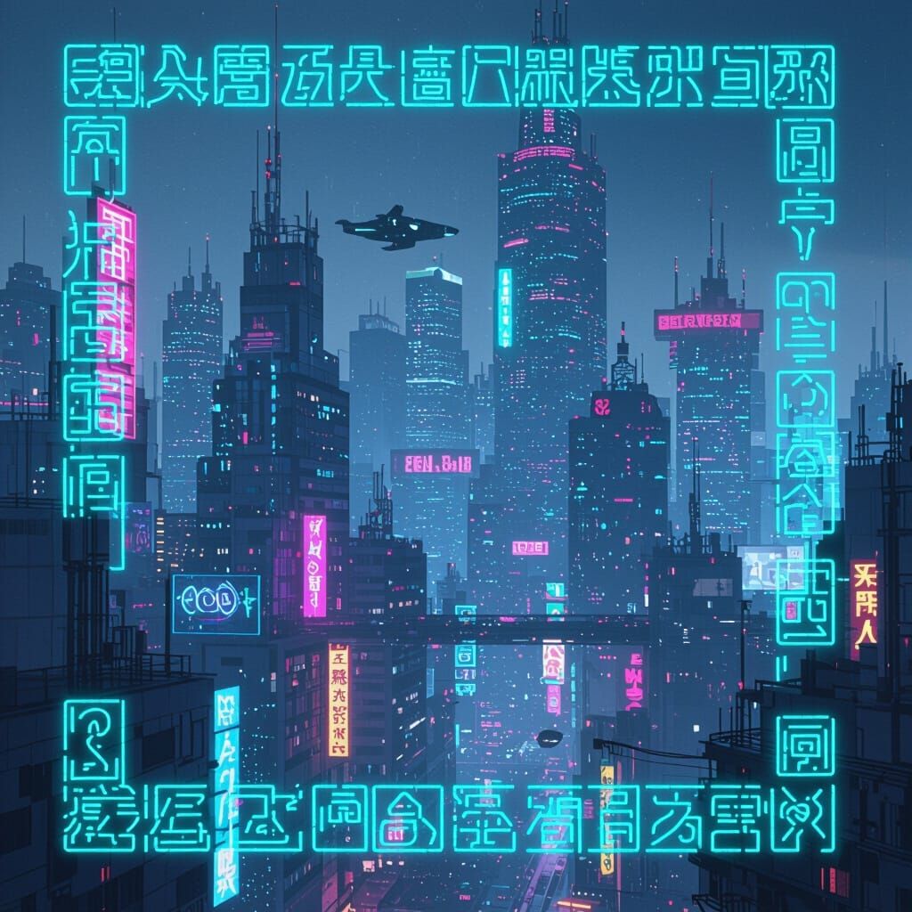 Cyberpunk City Hieroglyphs in Neon Glow