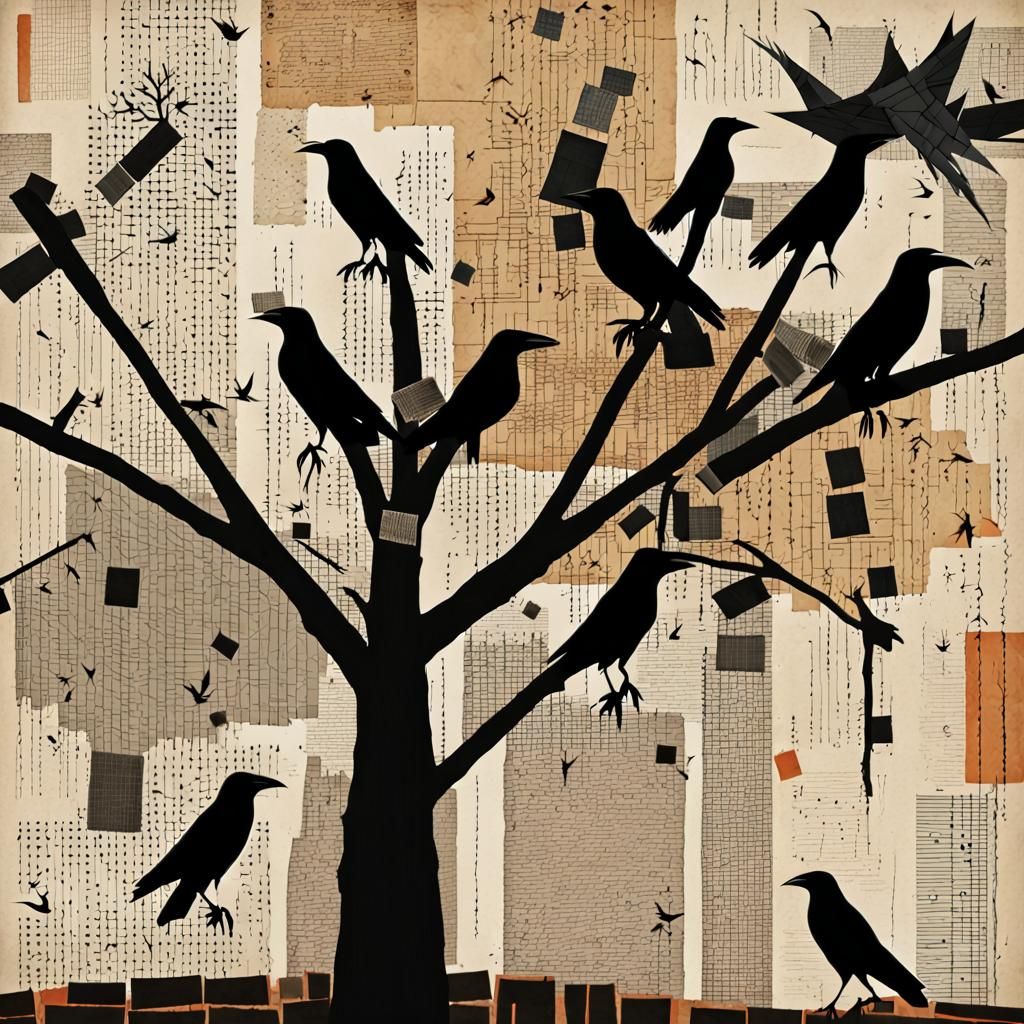 Abstract Collage of Tree and Crows on Newspaper