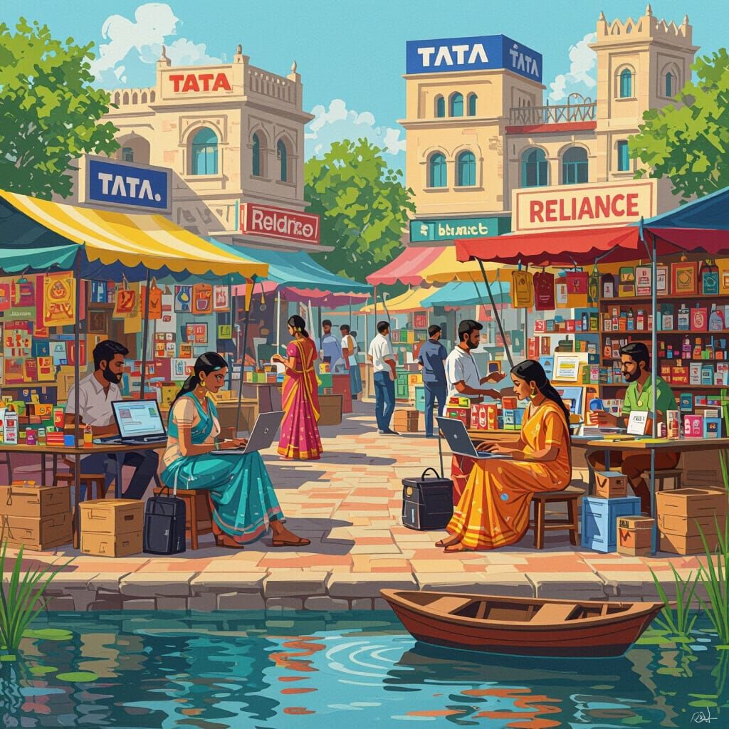 Lively Indian Marketplace with Entrepreneurs in Digital Art