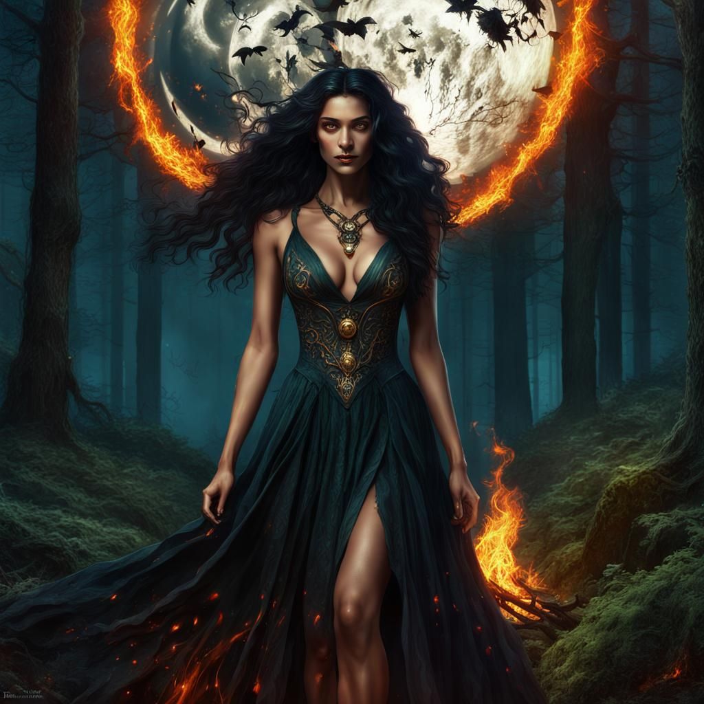 Nature Witch Under Beltane Moon, Digital Art