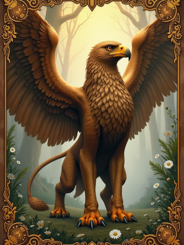 Medieval Griffin Tarot Card with Eagle Face