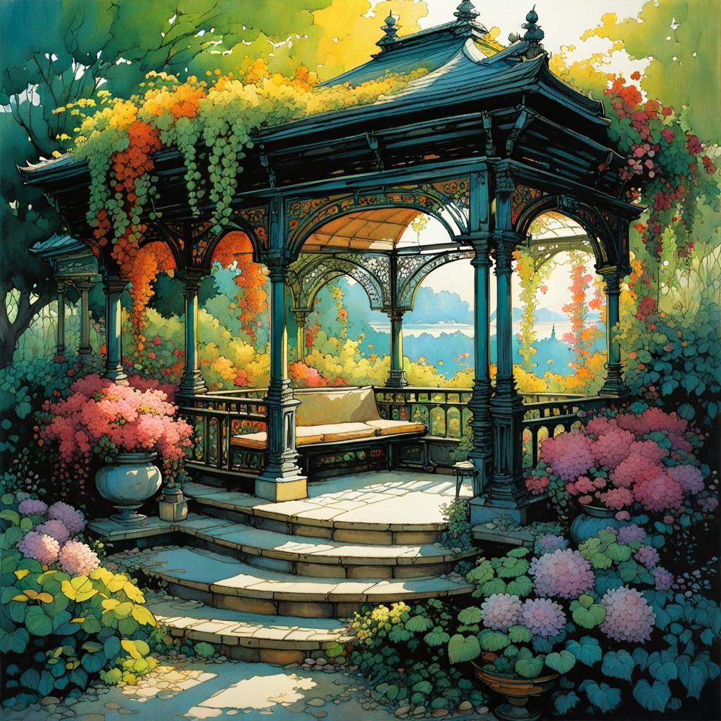 Garden Gazebo in Maximalist Ink Drawing Style
