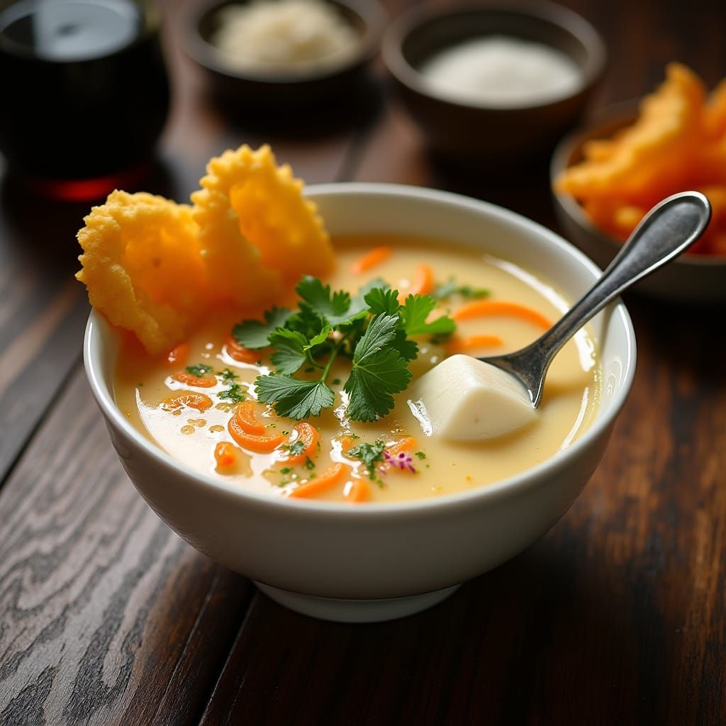 Delicate Tofu Pudding with Crispy Youtiao and Fresh Cilantro...