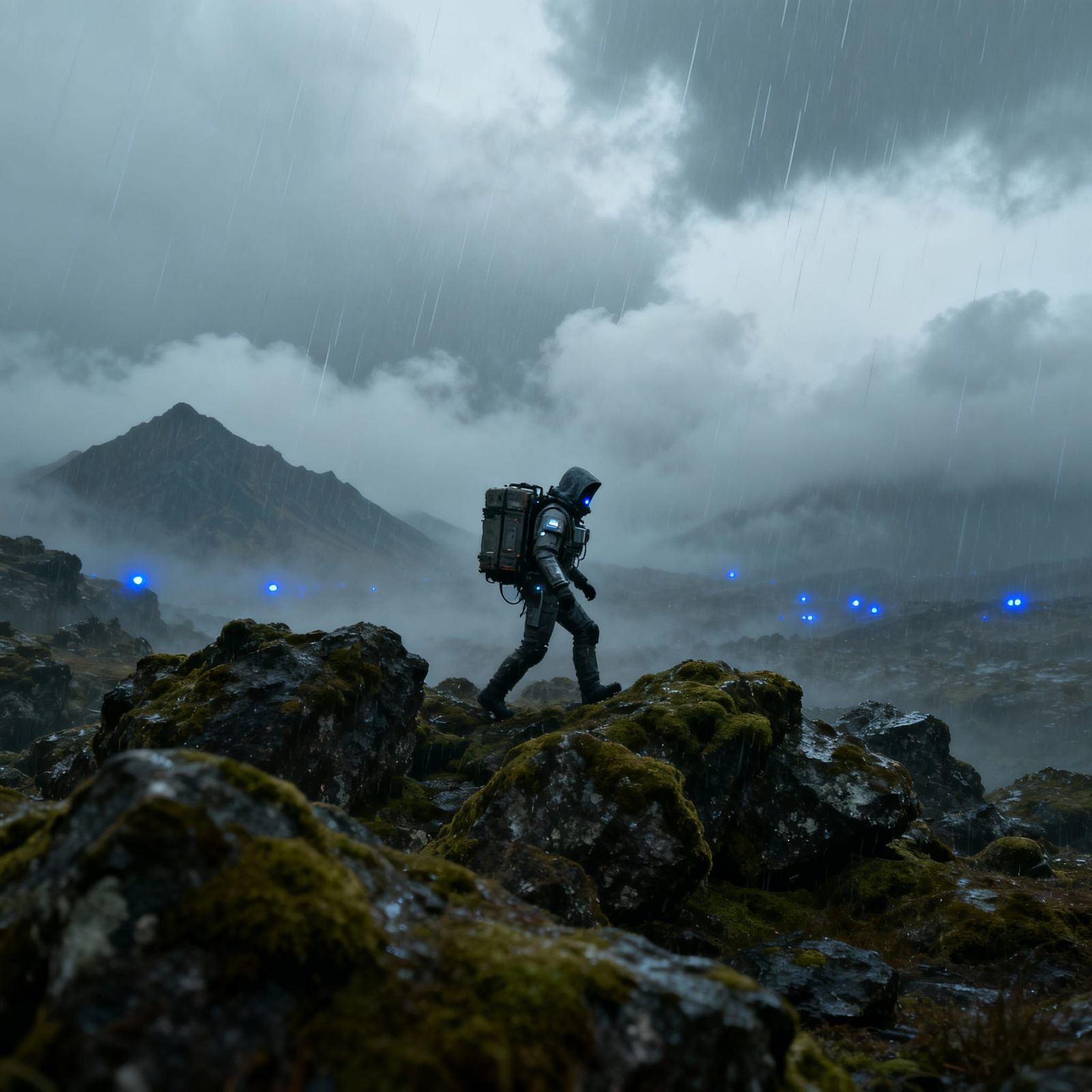 Futuristic Courier Braves Rainy, Foggy Mountains in Cinemati...