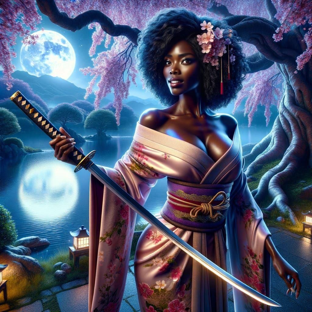 Kimono Woman with Katana in Cherry Blossoms