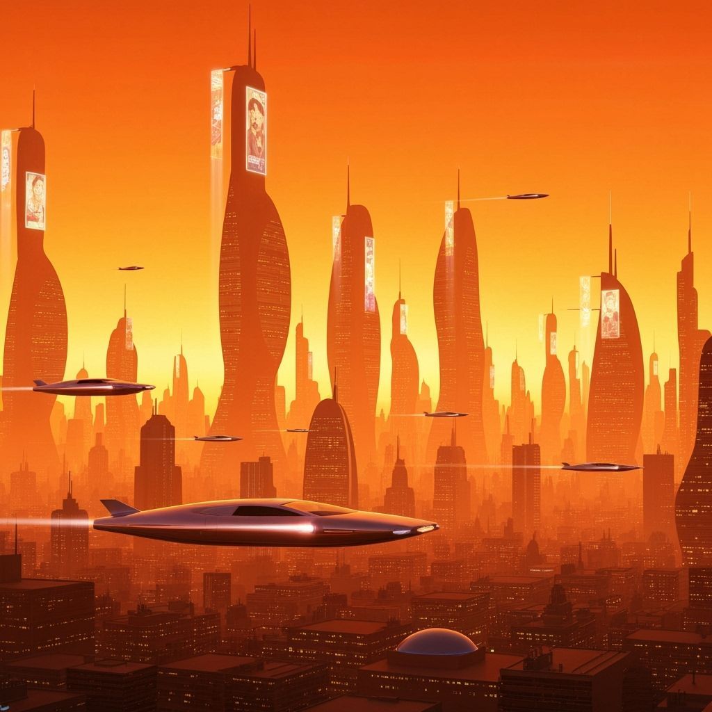 Retro Futurism Cityscape at Sunset
