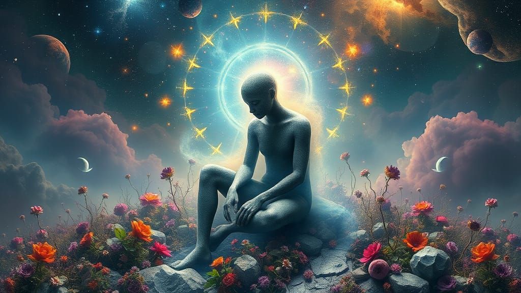 Cosmic Figure Emerges from Surreal Landscape