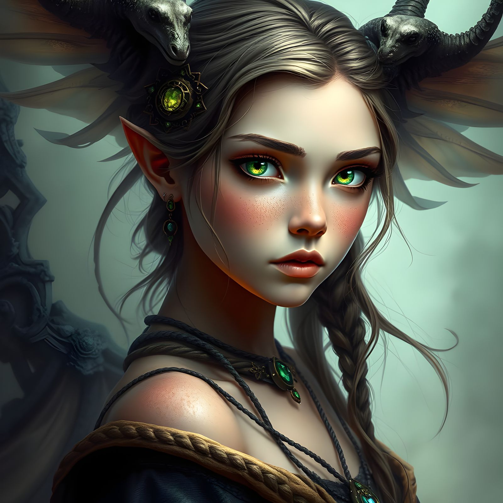 Magical Girl Portrait with Forest Eye, Detailed Art