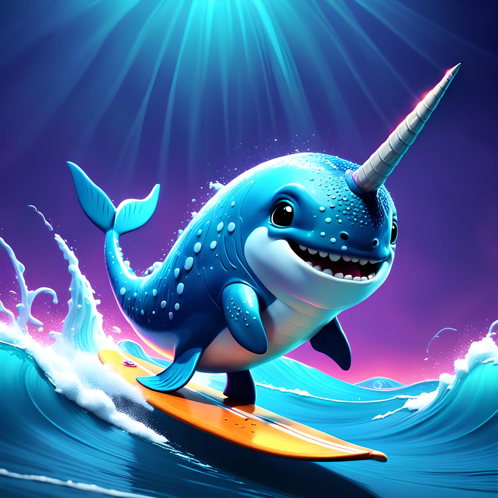 Cartoon Narwhal Surfing in 3D Digital Art Style