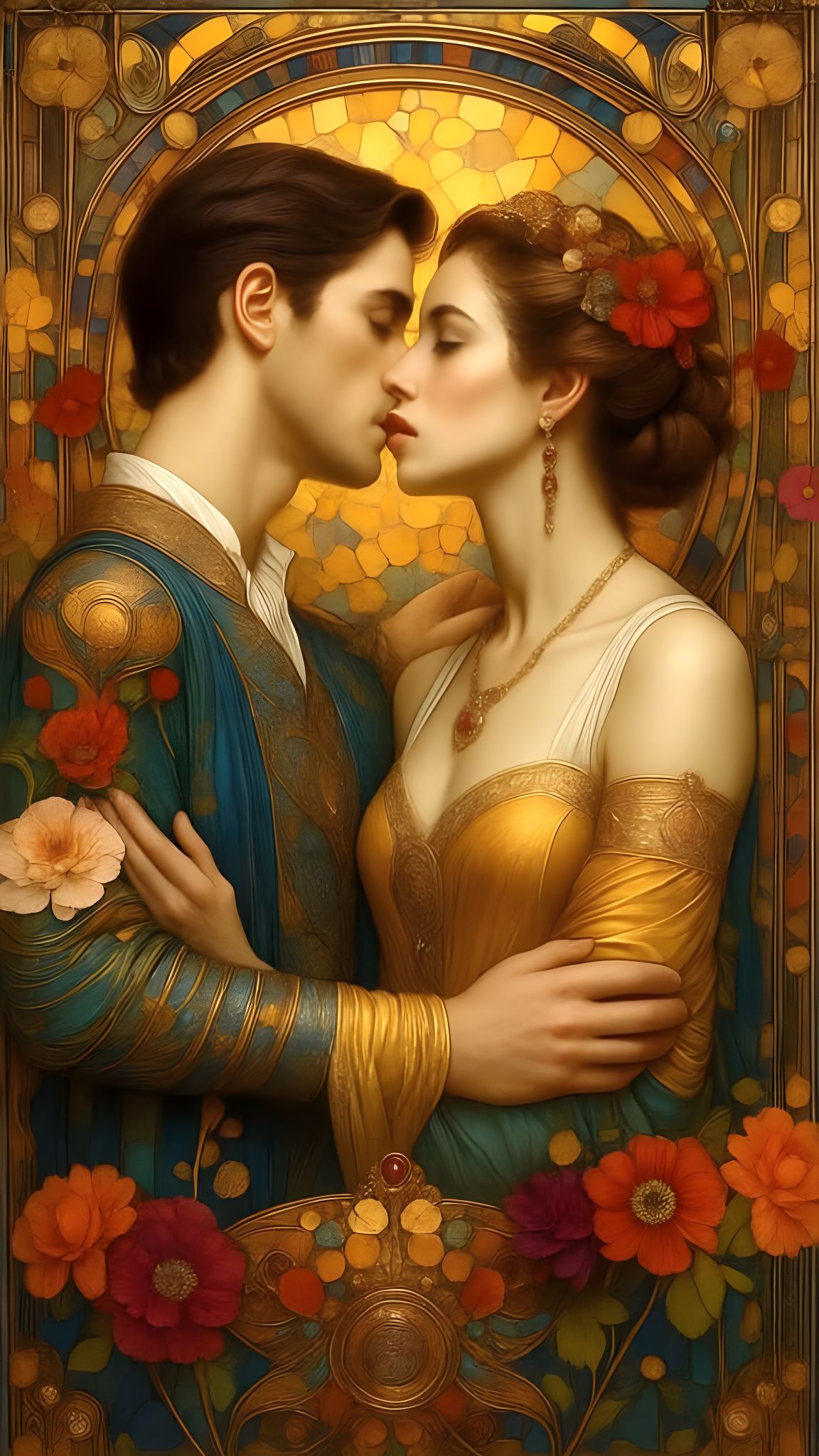Art Nouveau Abstract Portrait of a Kissing Couple
