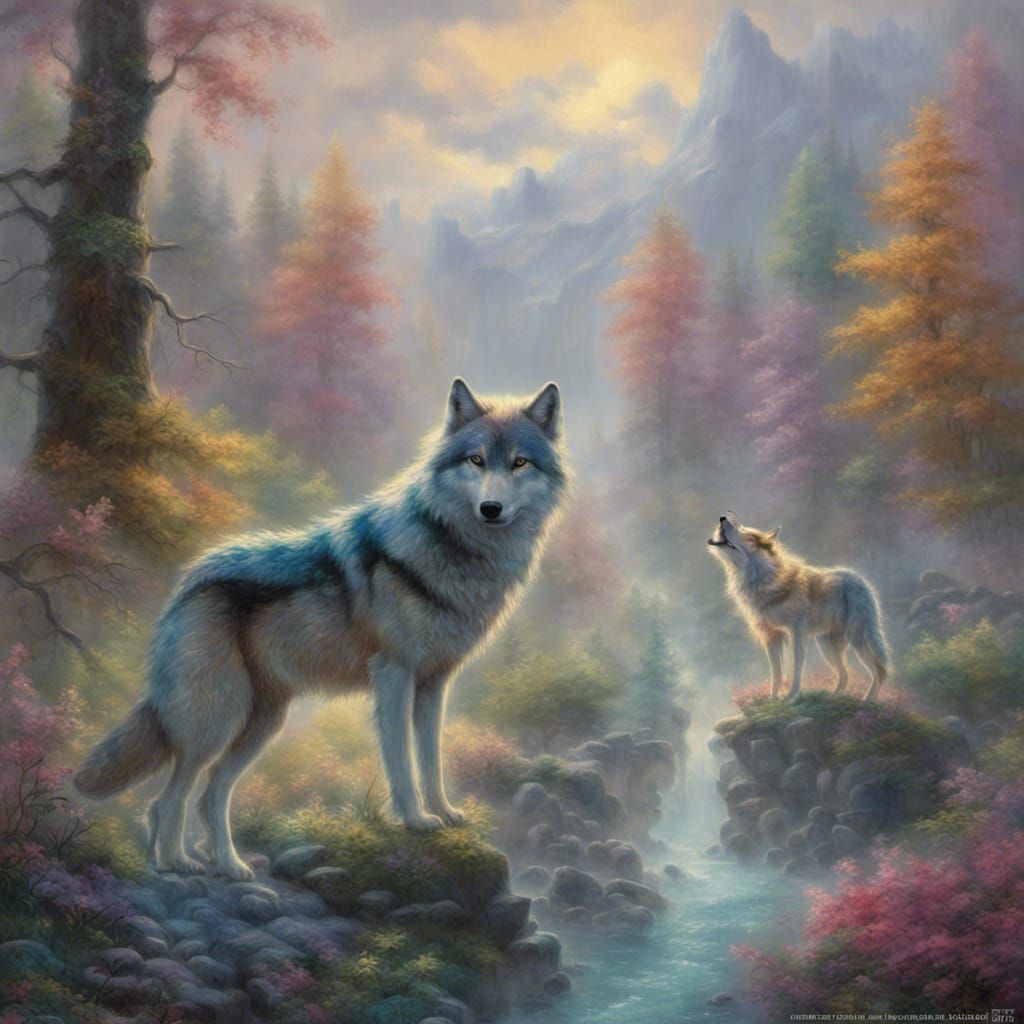 Ethereal Multi-Colored Wolves in Fantasy Landscape