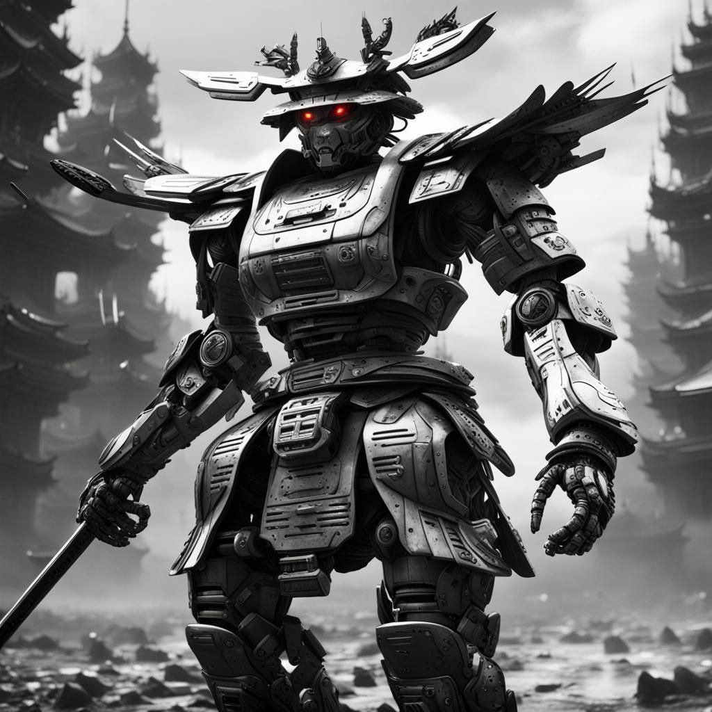 Robot Samurai in Futuristic Battle, Detailed Matte Painting