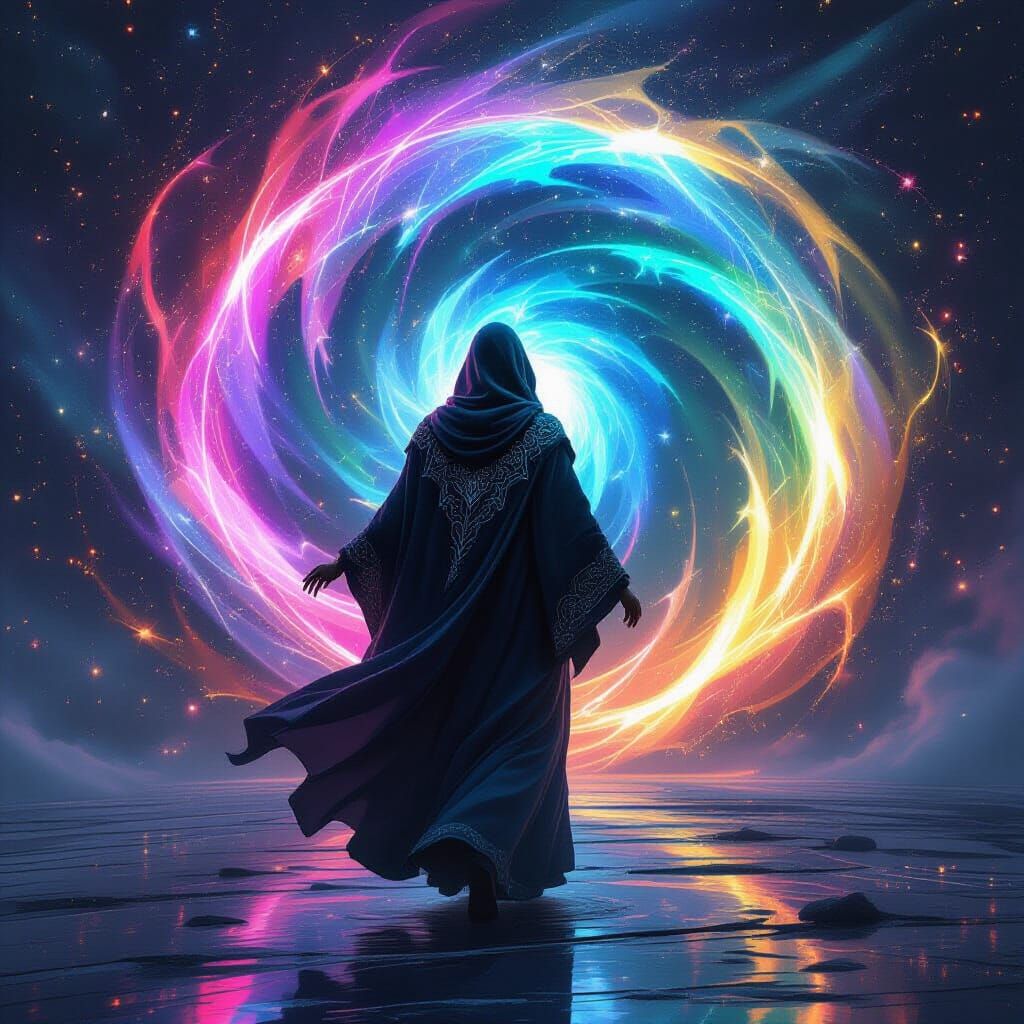 Shimmering Figure Enters Iridescent Cosmic Vortex