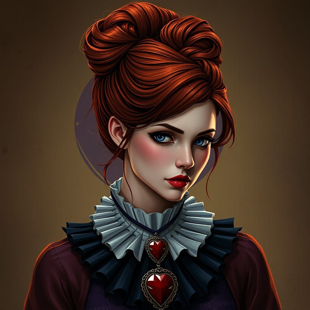 Stylized artistic illustration of a redhead woman in a high bun, . Victorian/fantasy outfit with pleated collar and red ...