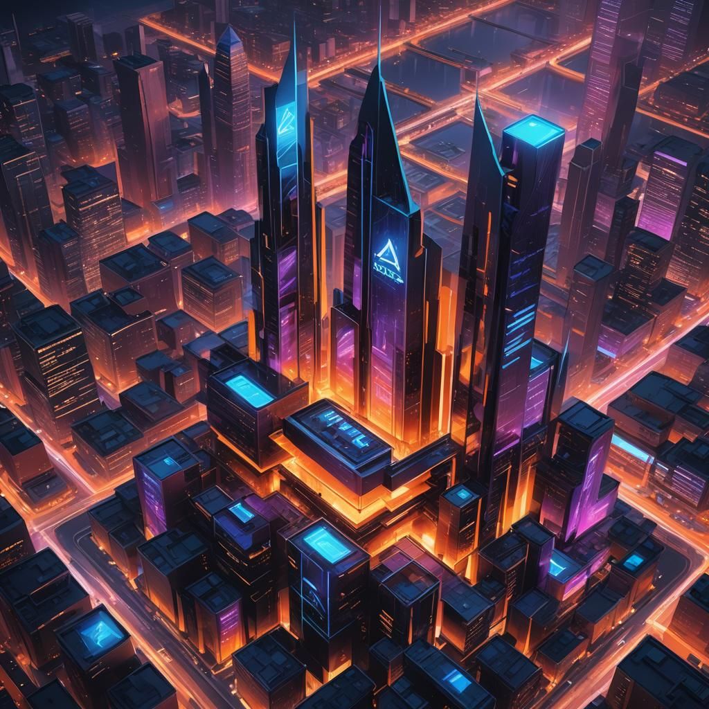 Futuristic Arkeia Logo in Neon Cityscape