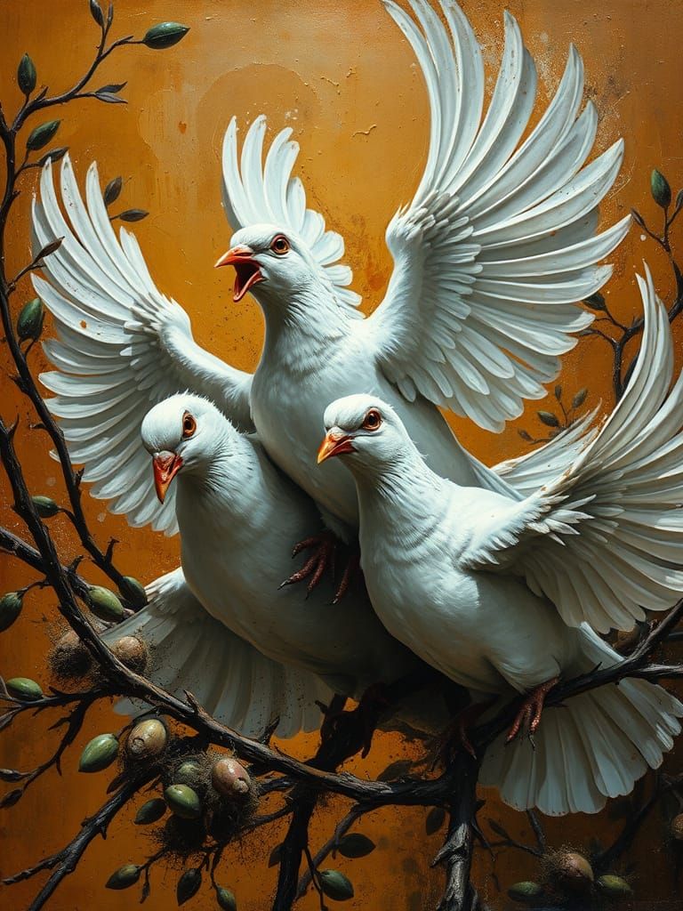 Turmoil of White Doves in Earthy Ocher