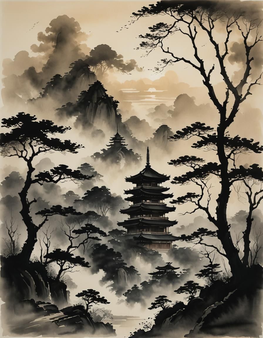 Pagoda Silhouette in Swirling Smoke: Ink Line Painting