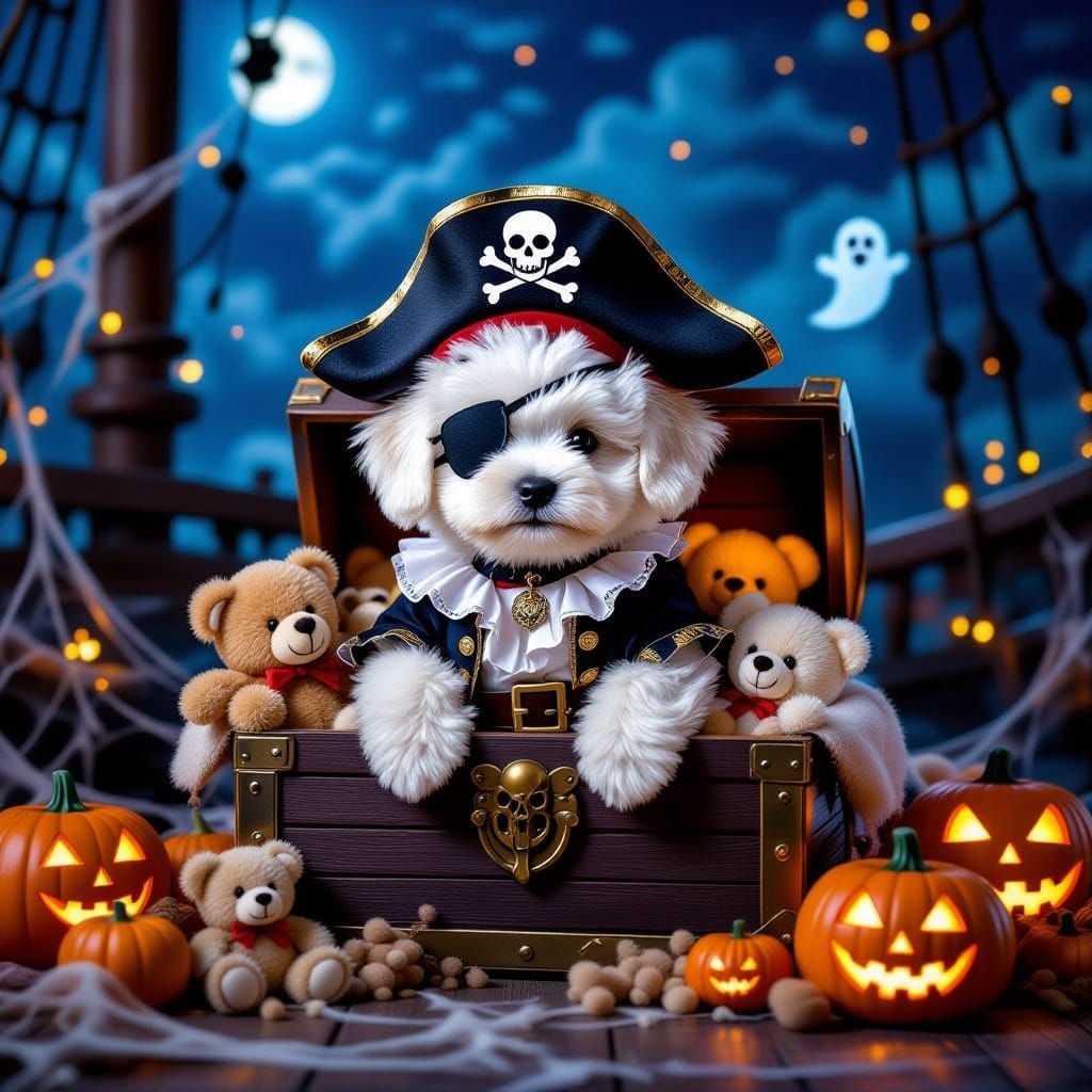 Cute Pirate Puppy in Halloween Treasure Chest