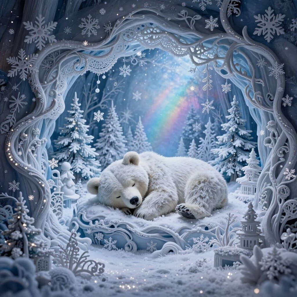 Magical Christmas Cave Scene with Sleeping Bear