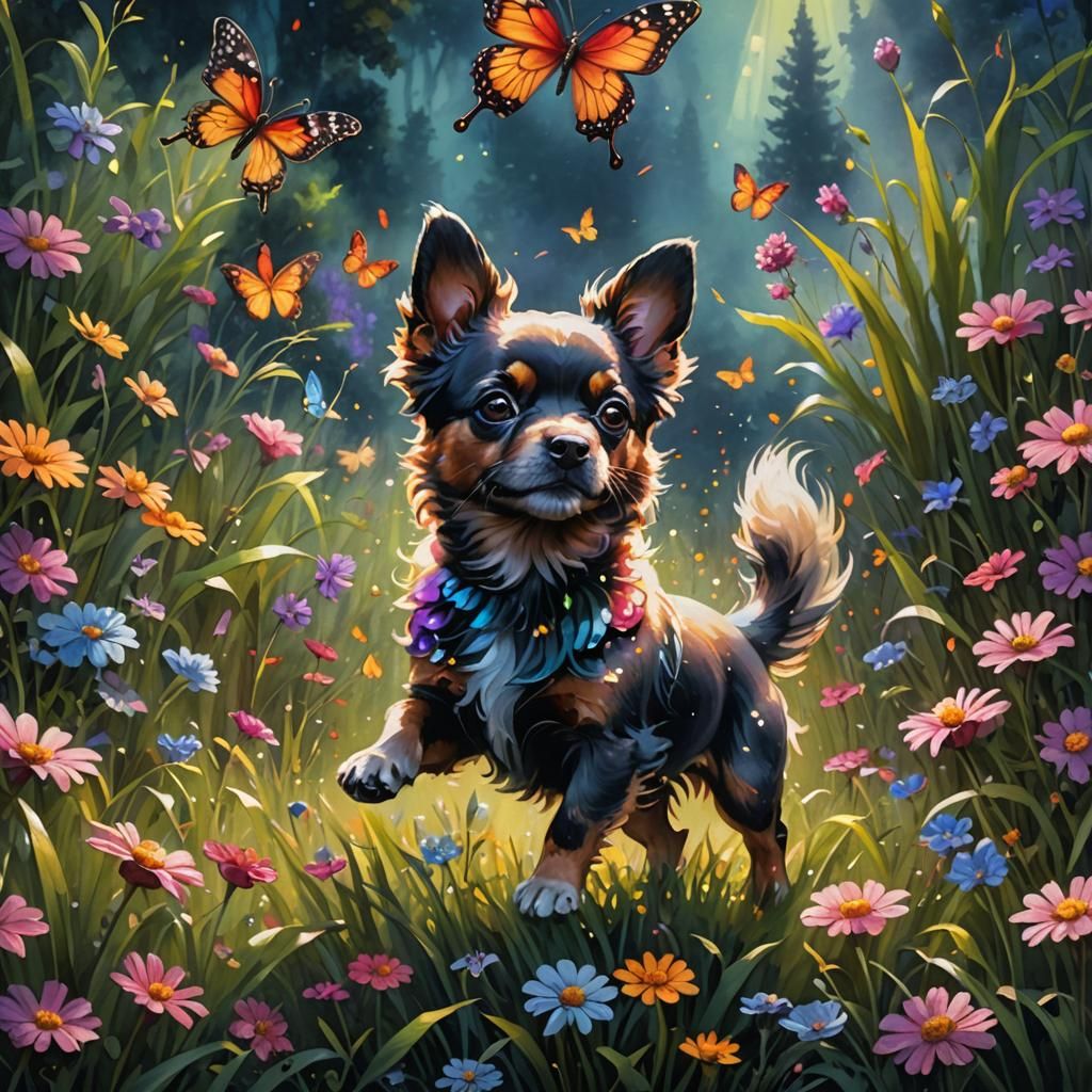 Whimsical Dog Chasing Butterfly: Watercolor Painting