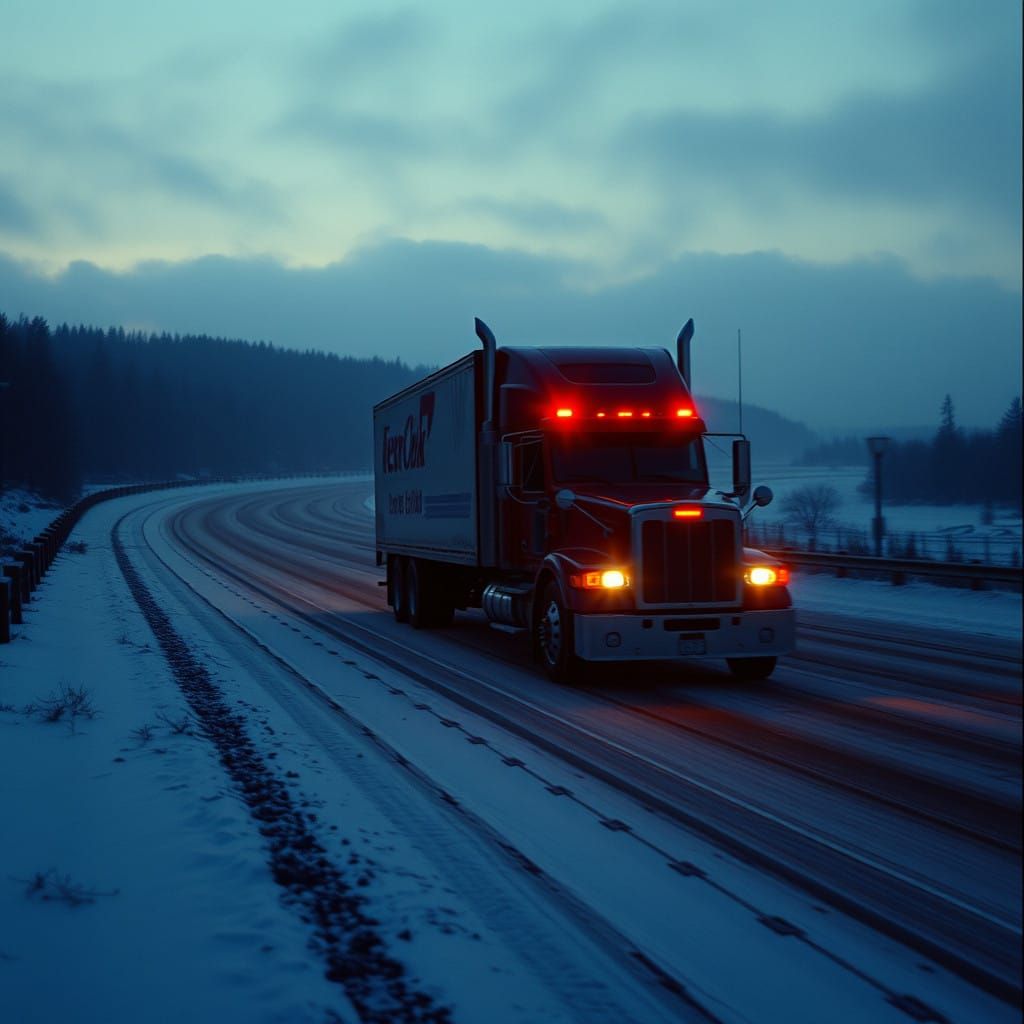 Semi-Truck Speeds Down Snow-Covered Highway in Creepy Christ...