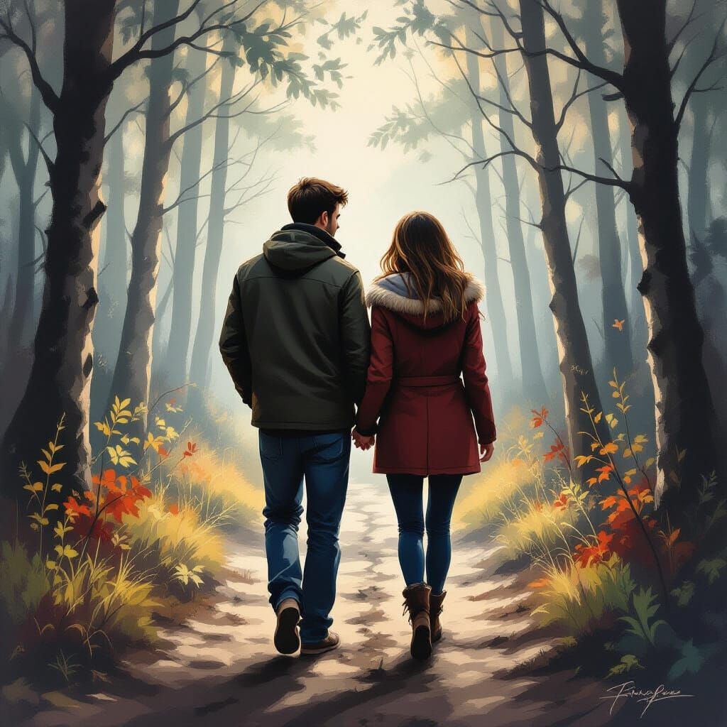 Romantic Couple Walking in Forest, Airbrush Portrait