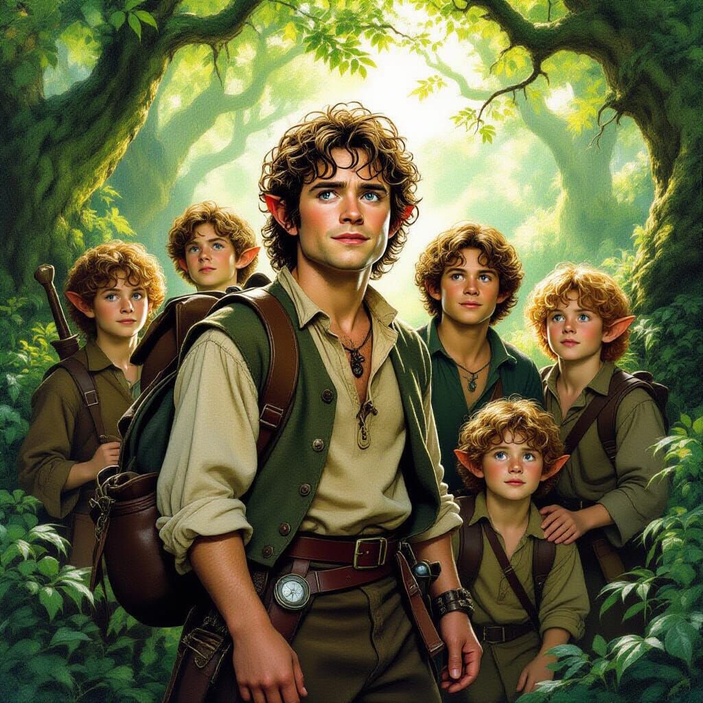 Frodo and Friends in Lush Forest, Alan Lee Style