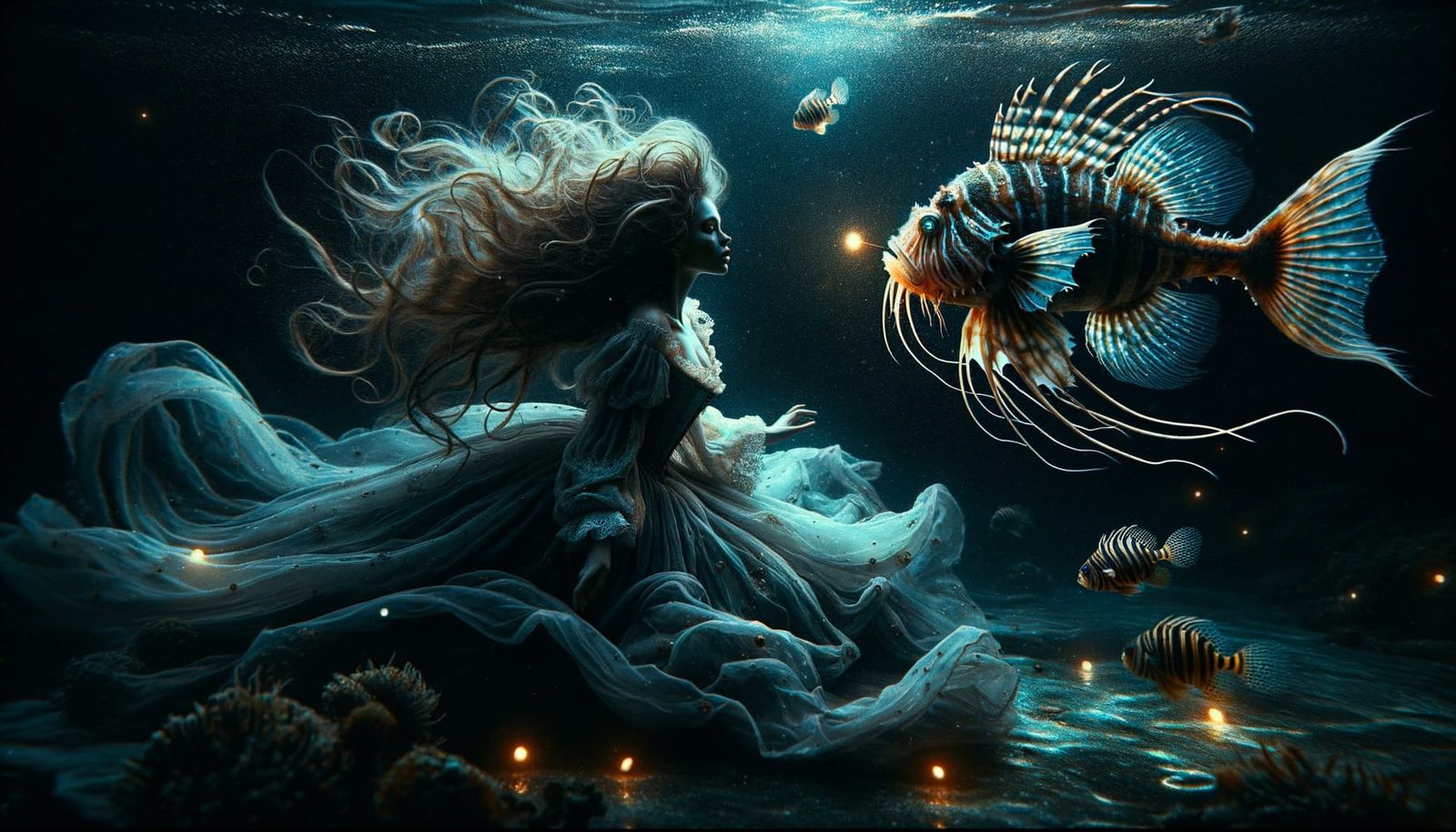 Underwater Mermaid with Anglerfish in Cinematic Scene