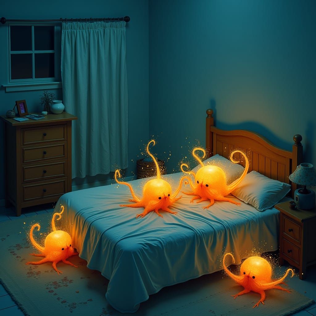 Depression Monsters in Bedroom with Dreamy Auras