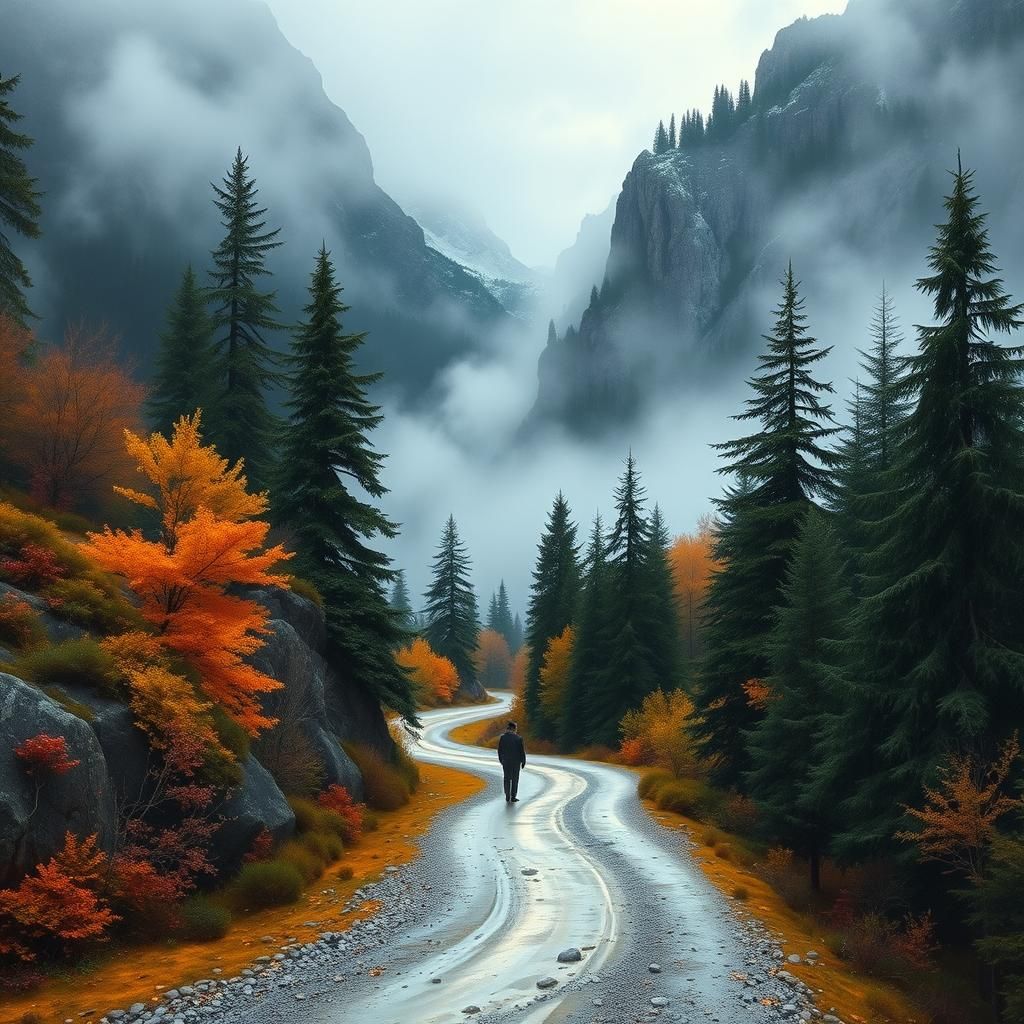 Autumn Mountain Path Inspired by Impressionism