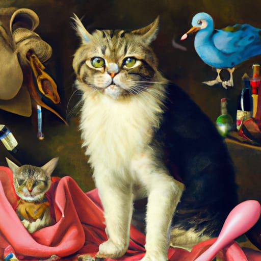 Anxious Cat in Baroque Still Life Oil Painting