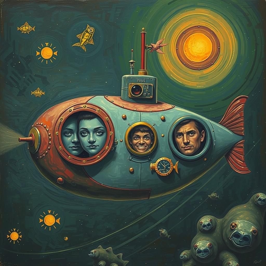 Psychedelic Submarine with Faces in Surreal Style