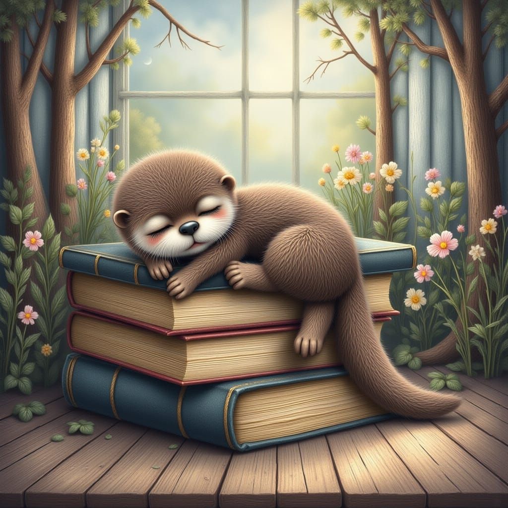 A tiny, adorable otter curled up asleep on a stack of oversized, worn books. Gentle sunlight streams through a nearby wi...