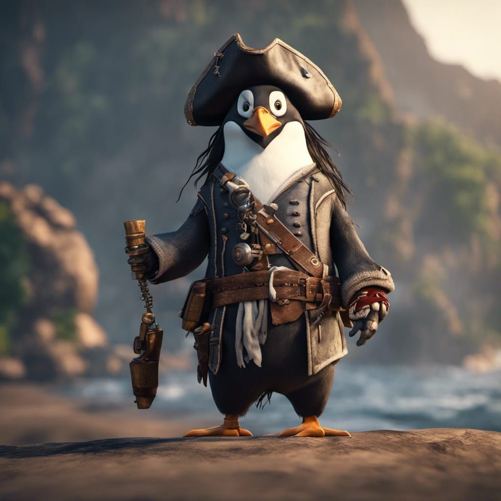Penguin as Jack Sparrow in 3D Cinematic Style