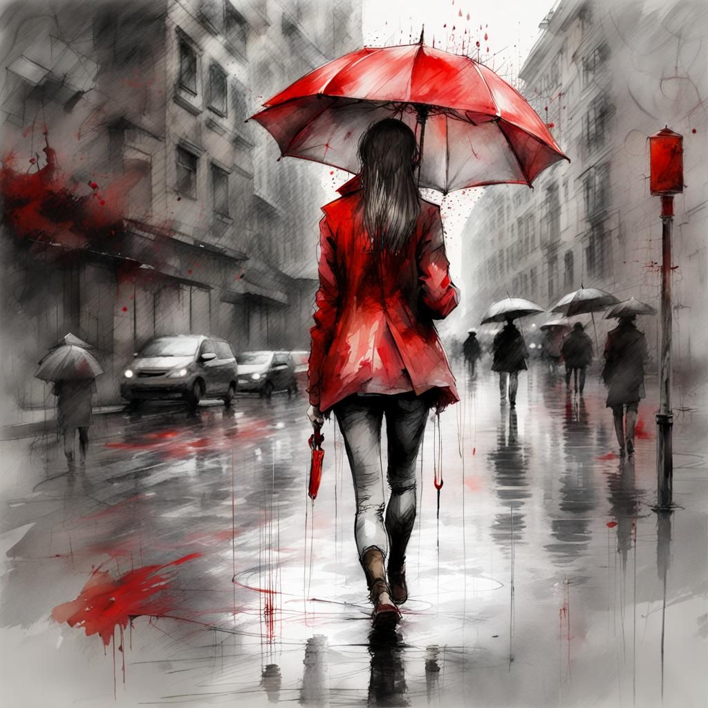 Woman with Red Umbrella in Rainy City Watercolor