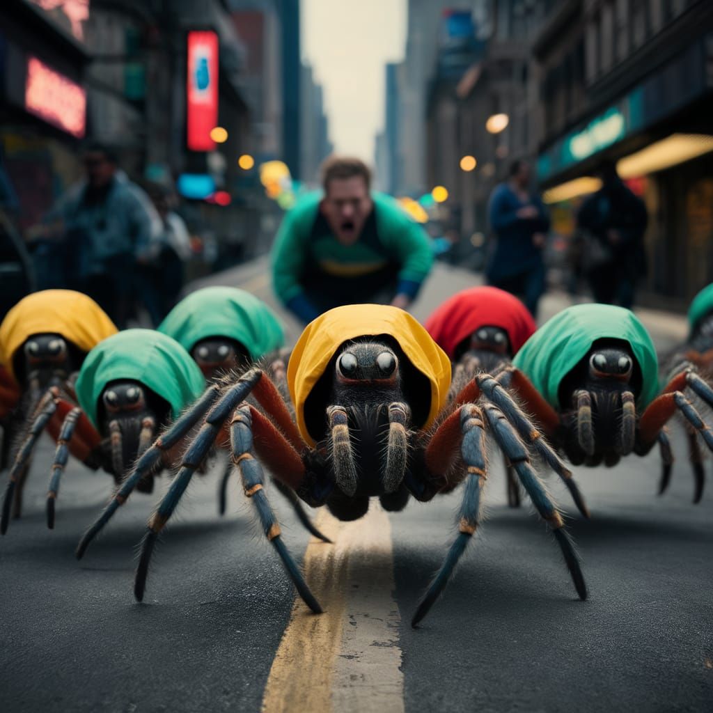 Spiders in Colorful Anoraks Chase Man Down City Street