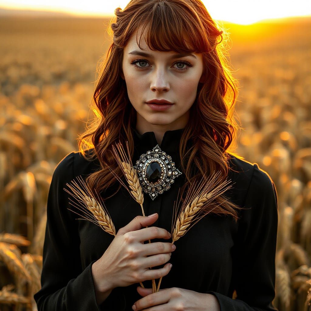 Woman in Golden Wheat Field at Sunset