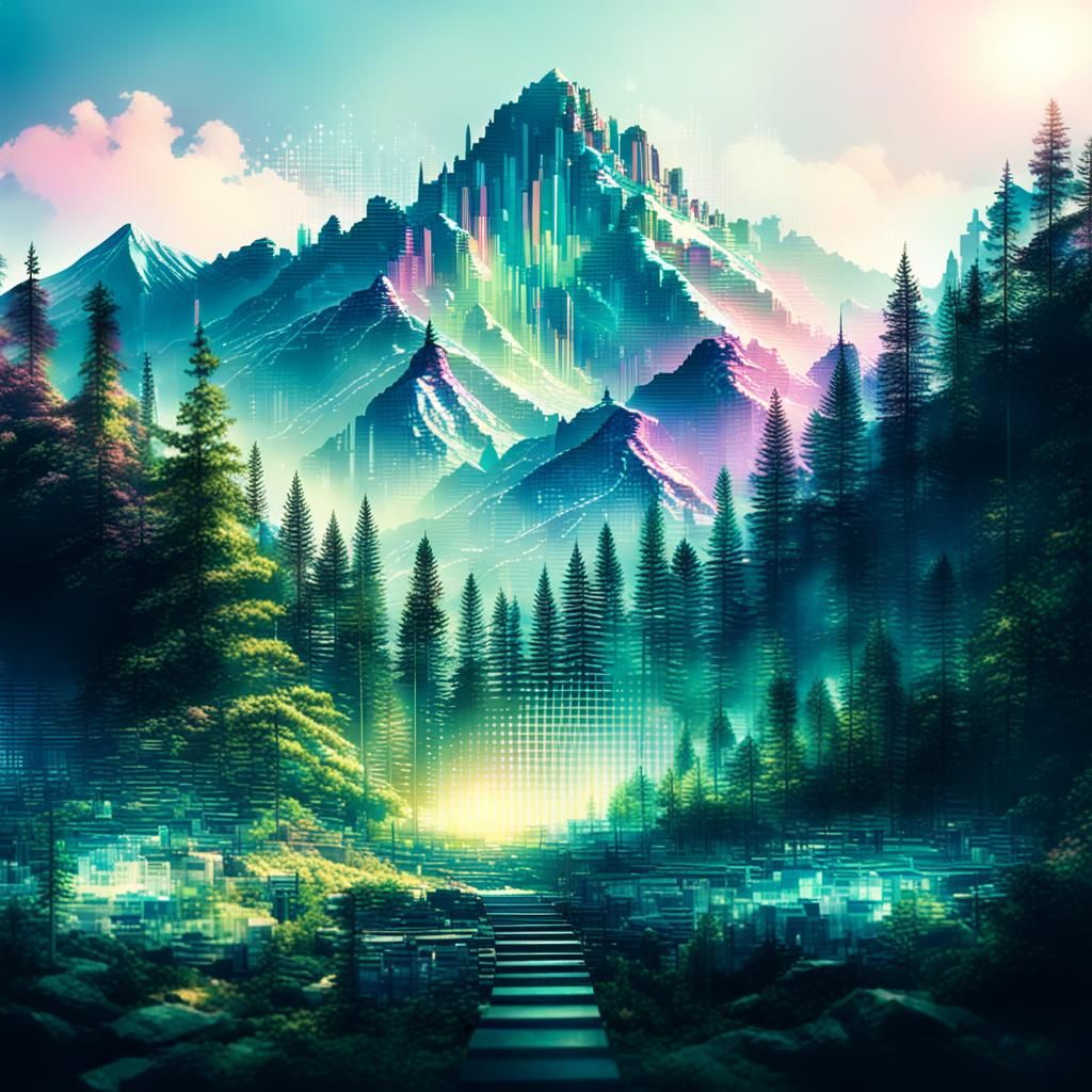 Glitching Mountain Forest with Pixelated Cityscape Overlay