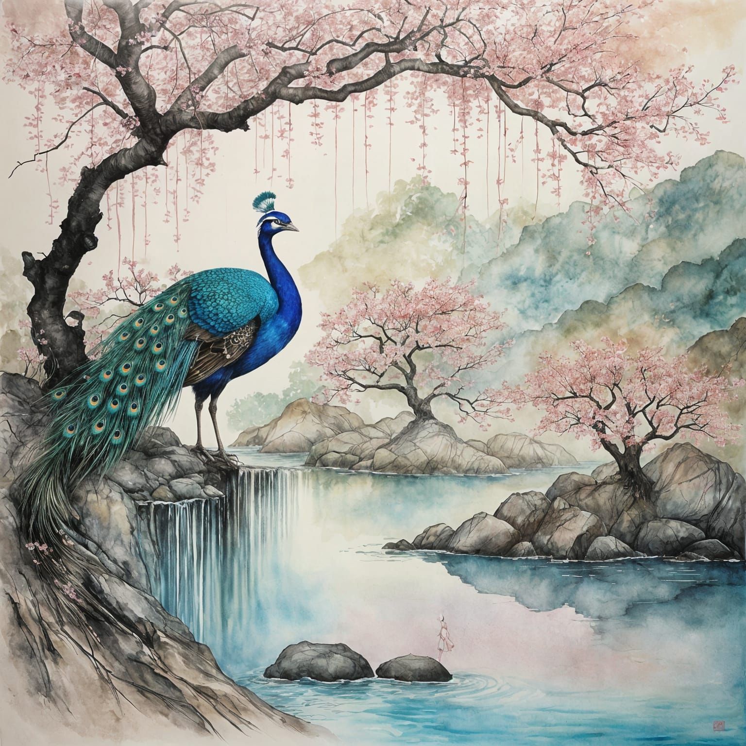 Japanese Goddess Feeds Peacock Under Sakura Tree