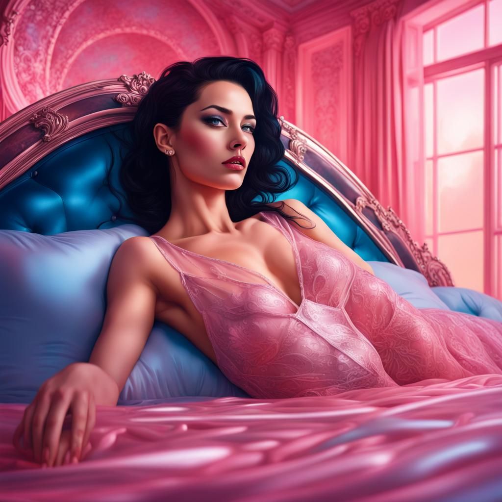 Glamorous Woman in Pink Room, Hyperrealistic Image