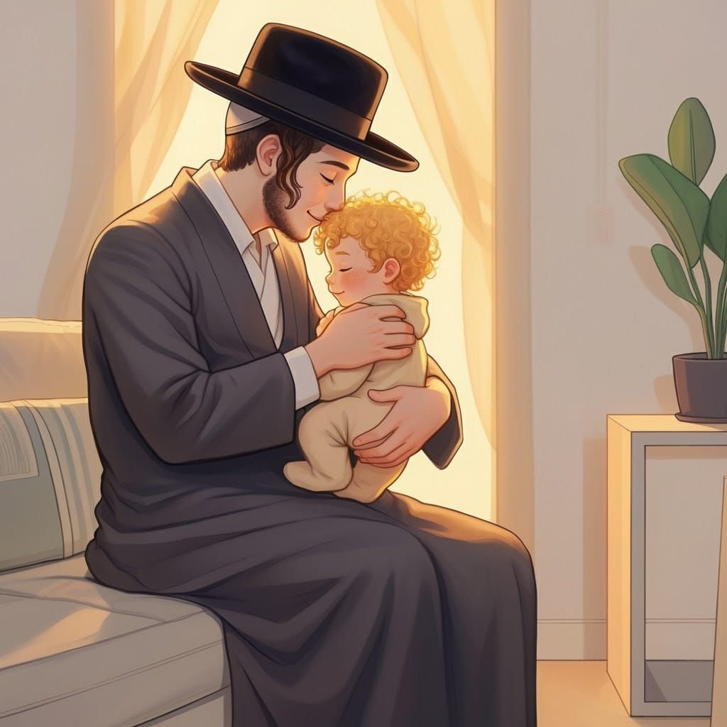 Orthodox Man Cradles Baby in Modern Home