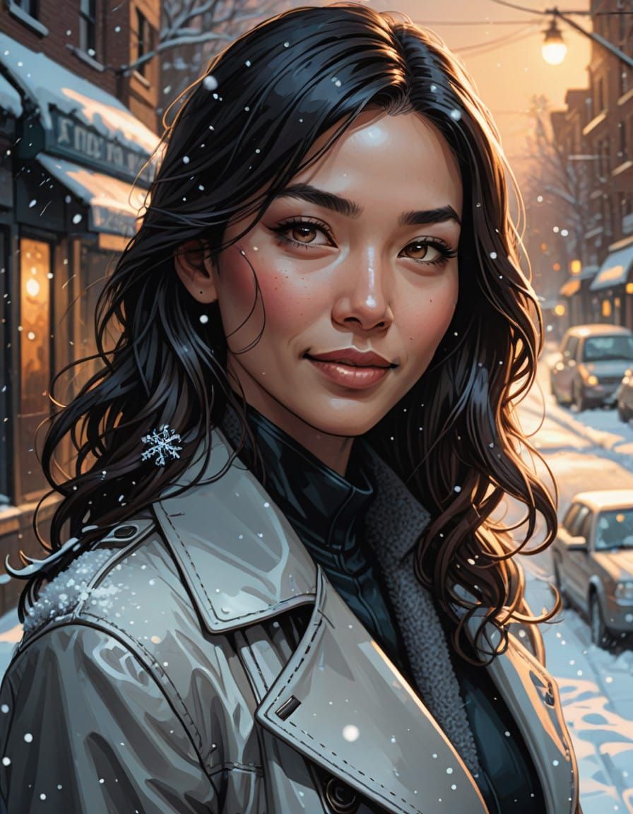 Asian Woman Smiles Warmly in Snowy Street Scene, in Comic Bo...