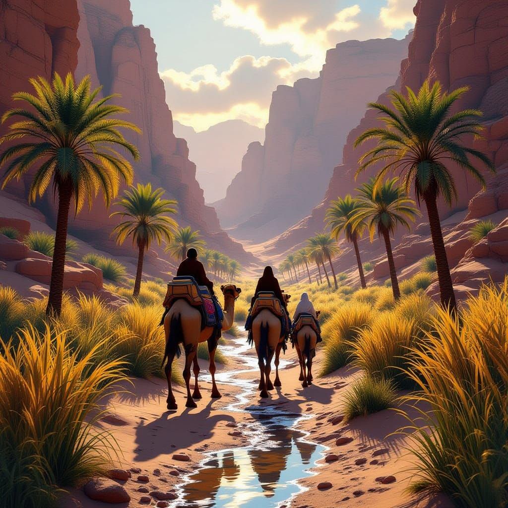 Camel Family Journey Through Wadi Oasis
